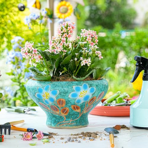 Image of Sungmor 9.6 Inch Large Succulent Plant Pots, Pretty Hand Painted Ceramic Planter with Drainage, Indoor Outdoor Cactus Planter Bonsai Pot, Flower Pot for Indoor Plants Garden Windowsill Desktop Decor