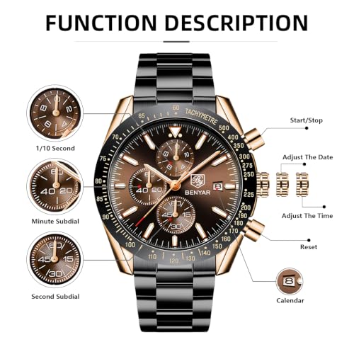 Image of BENYAR Men's Watches Chronograph Watch for Men Multifunction Black Waterproof Sport Fashion Quartz Wristwatches Calendar with Stainless Steel Strap
