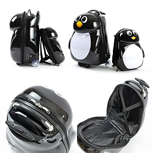 Kiddietotes Kids Carry-On Upright Luggage Suitcase And Backpack Set - Smooth Rolling Wheels - Penguin #TOP4