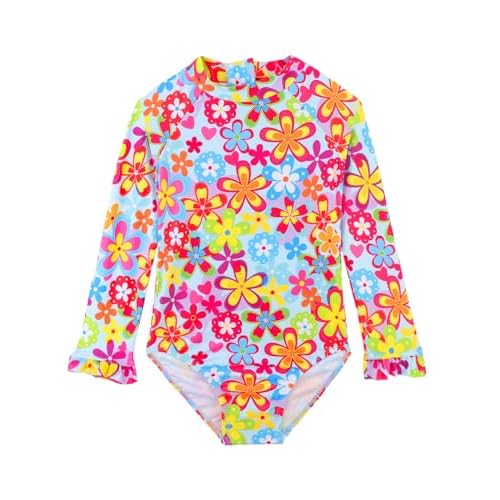 Long Sleeve One Piece Ruffle Swimsuit for Toddler Girls Baby Girl Rashguard Shirt with UPF 50+ Sun Protection Colorfur Flower 3-4T