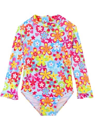 Image of Alakuoti Long Sleeve One Piece Ruffle Swimsuit for Toddler Girls Baby Girl Rashguard Shirt with UPF 50+ Sun Protection