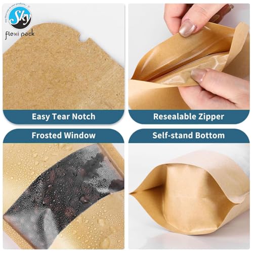 Image of Brown Kraft Paper Zip lock Stand Up Pouches | 12x20 cm | 250gm | Pack of 10 | Food Grade Storage Bags with Transparent Window | Airtight Reusable for Dry Fruits, Snacks, Spices | Self-Sealing