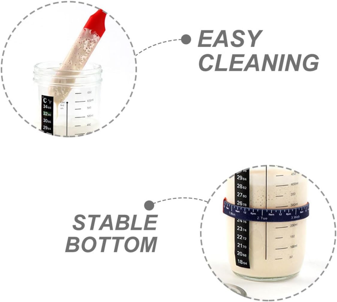 Sourdough Starter Jar Kit with Glass Fermentation Jar, Red Silicone Spatula, Breathable Cloth Cover, Temperature Strip, and Elastic Band – 5pcs Set for Bread Proofing and Sourdough