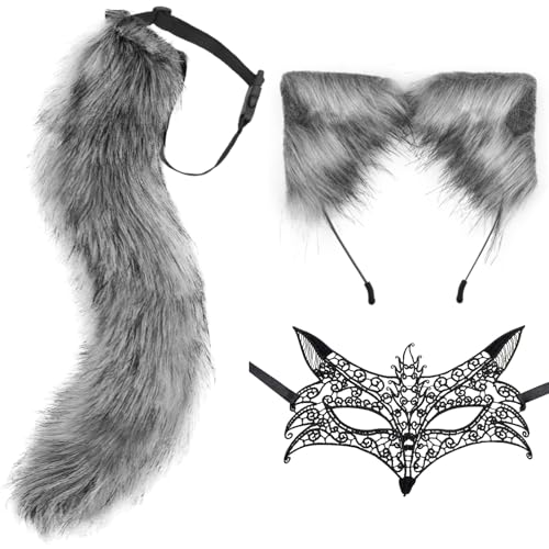 DRESHOW Faux Fur Wolf Tail Cat Ears Headband Lace Masquerade Mask Set Wolf Fox Cosplay Costume Animal Dress Up Fancy Dress Accessories Halloween Role Play Party Costume