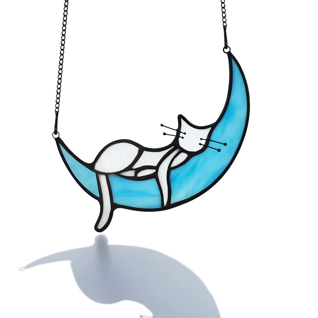 EPOGIFTS White Cat Gifts Stained Glass Decor,Sleeping Cat on Moon Handcrafted Stained Glass Window Hangings for Home Decor,Cat Memorial Gifts for Cat Lovers,Birthday Gift