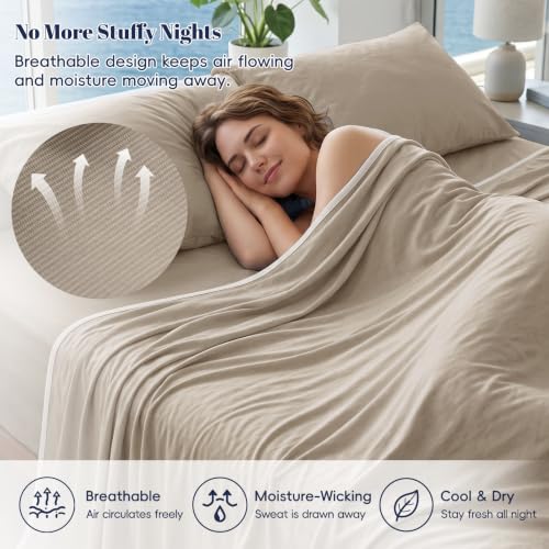 Image of PHF Cooling Blanket Queen Size 90 inchx90 inch, Double-Sided Cooling for Hot Sleepers (Q-Max 0.46+), Lightweight Breathable Summer Blanket for Night Sweats with Rayon Derived from Bamboo, Taupe