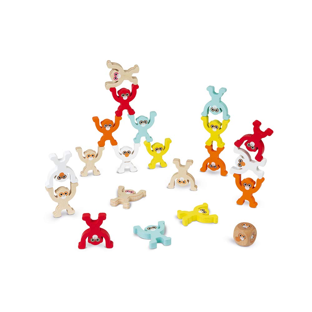 Janod - Monkey Pyramid - Juego de Mesa Infantil de Madera - Juego de Habilidad - Pintura al Agua - Certificado FSC - A Partir de 3 Años, J02633