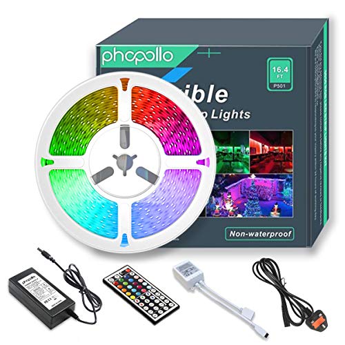 PHOPOLLO Led Strip Lights 5m 16.4ft Colour Changing Light Strips with 44 Keys Remote, RGB Multi Coloured Bright 5050 150 Lighting LEDs 12v Power Supply for Home Bedroom Kitchen TV DIY Decoration