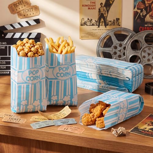 Image of Potchen 300 Pcs Popcorn Paper Bags Disposable Grease Resistant Striped Popcorn Container for Movie Night Carnival Party Theater(Light Blue,1 oz)