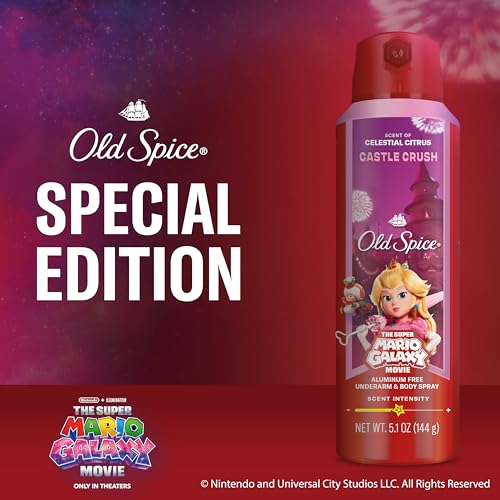 Image of Old Spice Aluminum Free Body Spray for Men, Old Spice x The Super Mario Galaxy Movie, 24 /7 Lasting Freshness, Lasting Odor Protection, Smell Super with Castle Crush, Celestial Citrus Scent, 5.1 oz