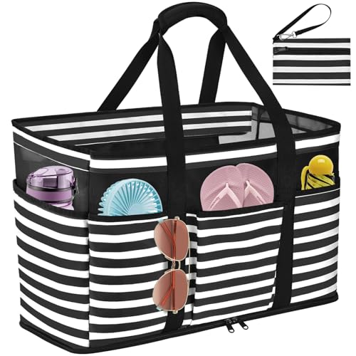 TEUEN Bolsa Playa Grande XXL Familiar, Ligero Bolso Malla Mujer de Hombro Impermeable Antiarena con Cremallera Multi Bolsillos Bolso Tote de Nailon para Picnic,Vacaciones,Compras,Trabajo, Viaje (45L)