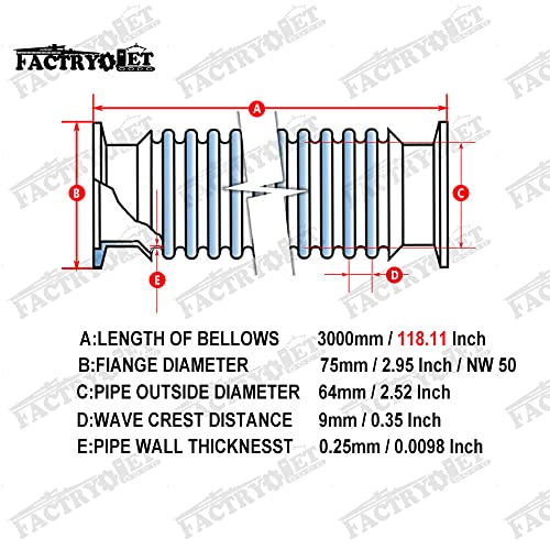 FACTRYOLET KF50 Stainless Steel 304 Vacuum Corrugated Bellows Hose, Flexible and Elastic with NW50 Flange Size. 3000mm/118.11Inch