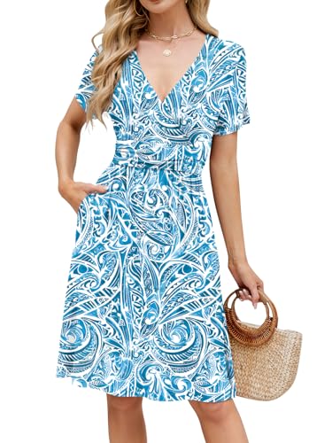 Image of Naggoo Womens Summer Dresses for Women 2026 Spring Floral Sundress Short Sleeve V Neck Wrap Dress with Pockets