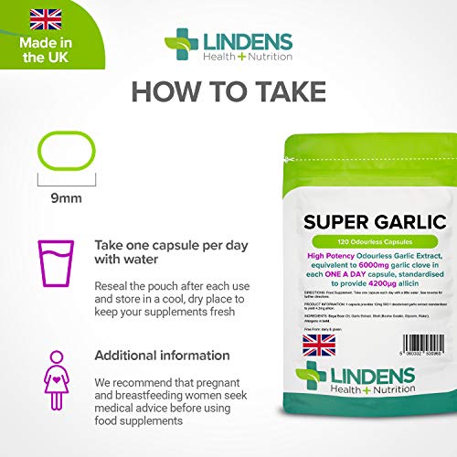 Lindens Hochdosierte Super-Knoblauch 6000 mg Kapseln | 120 Verpackung | Hochdosierter, geruchsloser Knoblauchextrakt, entspricht 6000 mg Knoblauchzehen in jeder Tageskapsel, standardisiert mit 4200 μg Allicin