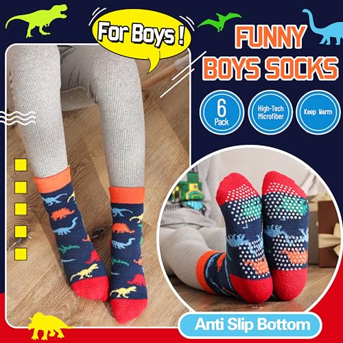 Kids Boys Toddlers Fuzzy Slipper Socks with Grips Non Slip Warm Fluffy Winter Thick Fun Cozy Hospital Socks 6 Pairs3