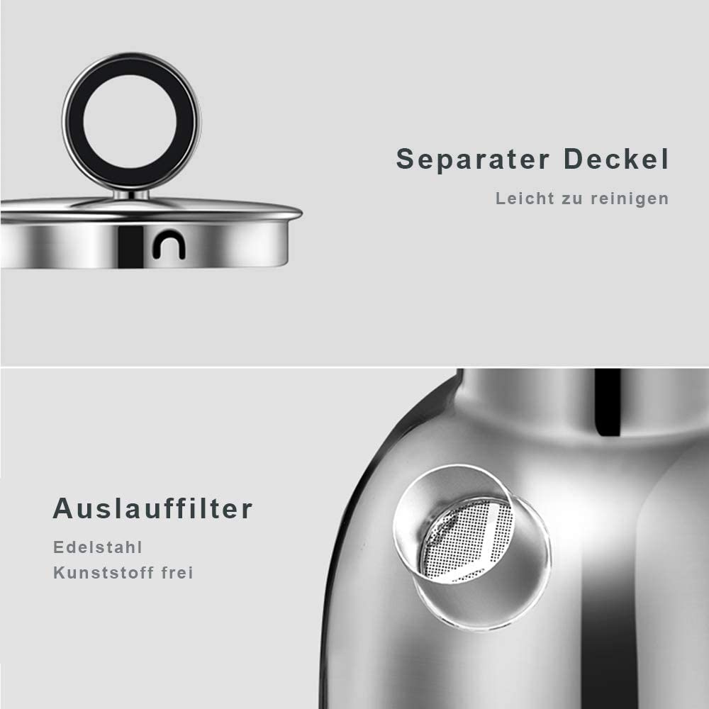 ASCOT Bollitore in acciaio inox, bollitore elettrico, regali per uomo/donna/famiglia, 1,5 litri, retro bollitore per tè a secco, spegnimento automatico (argento lucidato)
