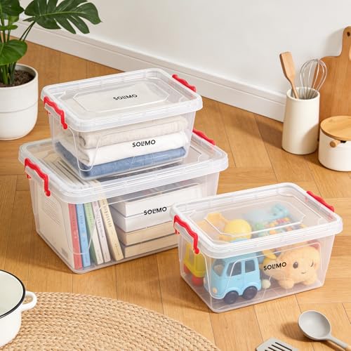 Image of Amazon Brand - Solimo Multi Box (3 Pcs - 5L, 10L, 15L) Transparent Plastic Storage Containers with Locking Handles | Stackable & BPA-Free Organizer | Multipurpose Storage for Home, Office & Kitchen