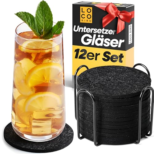 Loco Bird Untersetzer Gläser Filz 12 Stück mit Halter - Filzuntersetzer in grau – Glasuntersetzer für Getränke – Tischuntersetzer Set – Getränkeuntersetzer – Coasters for Glasses