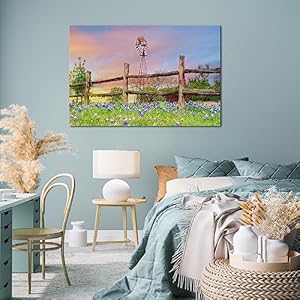   Conipit-Texas-Landscape-Wall-Art-Rustic-Windmill-Artwork-Wildflowers-Bluebonnets-Canvas-Texa-Countryside-Picture-Western-Farmland-Art-Prints-for-Home-Wall-Decor-Framed-24x36