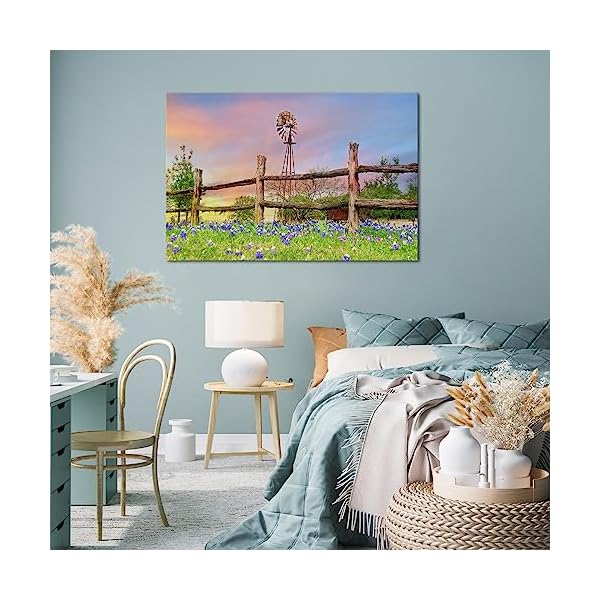   Conipit-Texas-Landscape-Wall-Art-Rustic-Windmill-Artwork-Wildflowers-Bluebonnets-Canvas-Texa-Countryside-Picture-Western-Farmland-Art-Prints-for-Home-Wall-Decor-Framed-24x36