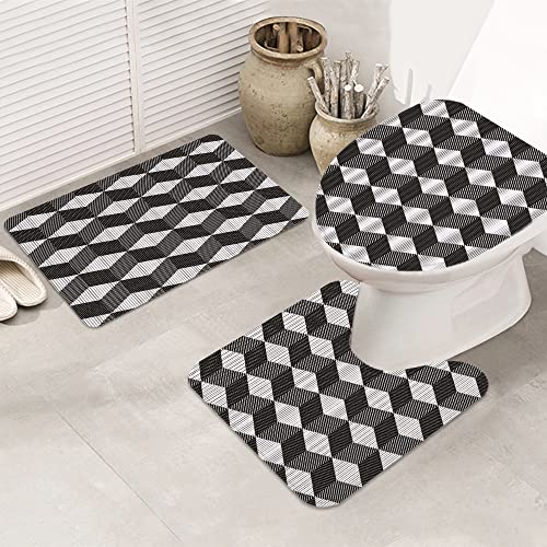 Badematte Badvorleger Set 3-tlg. Teppich, Monochrome Cube-Komposition mit abstrakter 3D-Design-optischer Täuschung…
