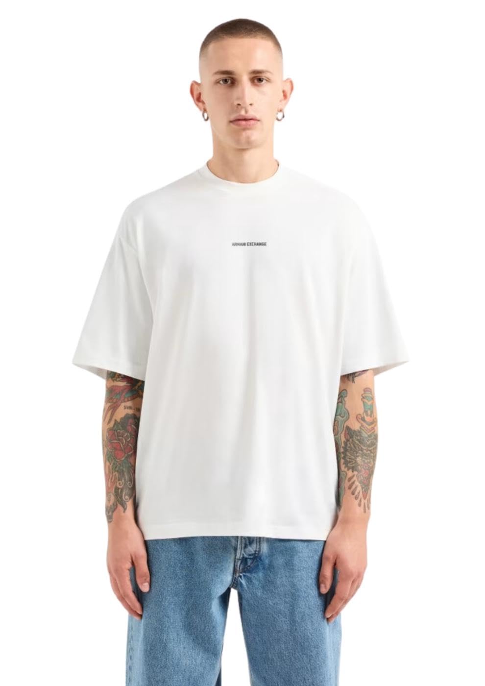 Armani Exchange Men's The Grid, Sustainable, Printed Logo Lettering T-Shirt, Off White, XS