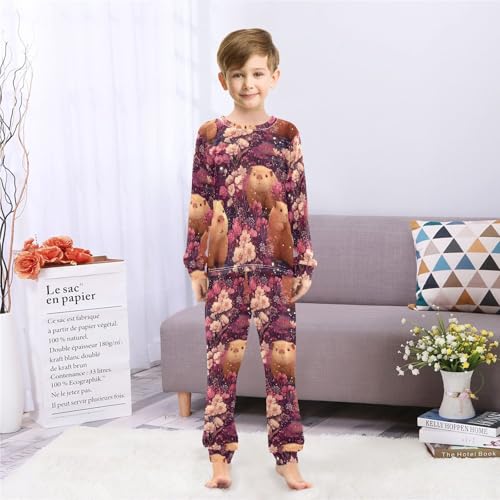 Cute Capybaras Kawaii Pink Soft Pajama Set for All Seasons,Breathable Pjs Long Sleeve Sleepwear,Comfy Loungewear 2 Piece Underwear Set 3T4