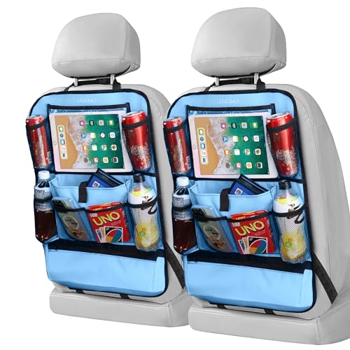 LUCMO Auto-Rücksitz-Organizer mit Touchscreen-Tablet-Halter, 2 Stück, 9 Aufbewahrungstaschen, Auto-Aufbewahrungs-Organizer, Schutzmatten, Reisezubehör für Kinder