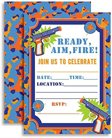 Dart Gun Birthday Party Invitations, 20 5"x7" Fill In Cards with Twenty White Envelopes by AmandaCreation