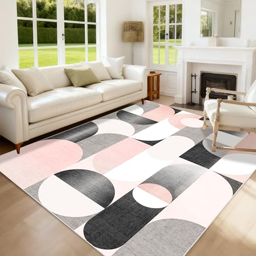 Tapete de área 5x7 rosa lavable antideslizante moderno