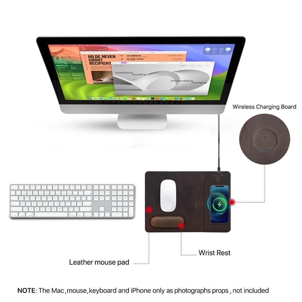 Podkładka pod mysz z bezprzewodowymi ładowarkami do telefonu 15 W, prawdziwa skóra, ładująca podkładka pod mysz do komputera PC, laptopów, akcesoria biurowe