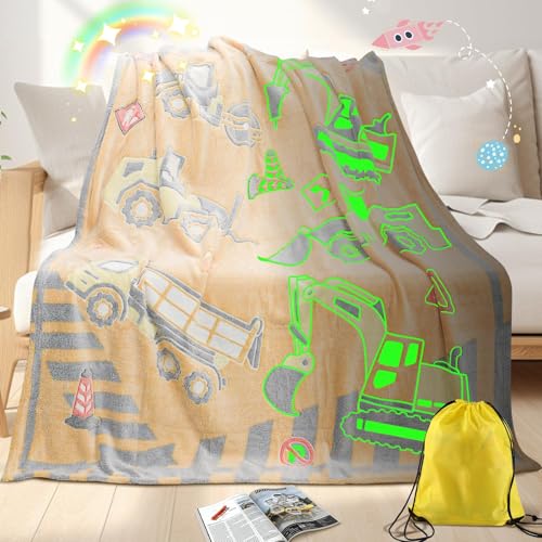 Excavator Glow in The Dark Tractor Blanket with Travel Bag Soft Cute Truck Blanket Gifts Toys for Kids Boys Child Teen Birthday Christmas Halloween Construction Kit Room Decor 50