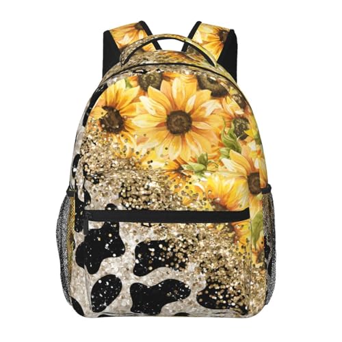 Sunflower Cow Print 15 Inch Backpack for Men Women Adjustable Laptop Backpacks Shoulder Bag for Travel Hiking Outdoor