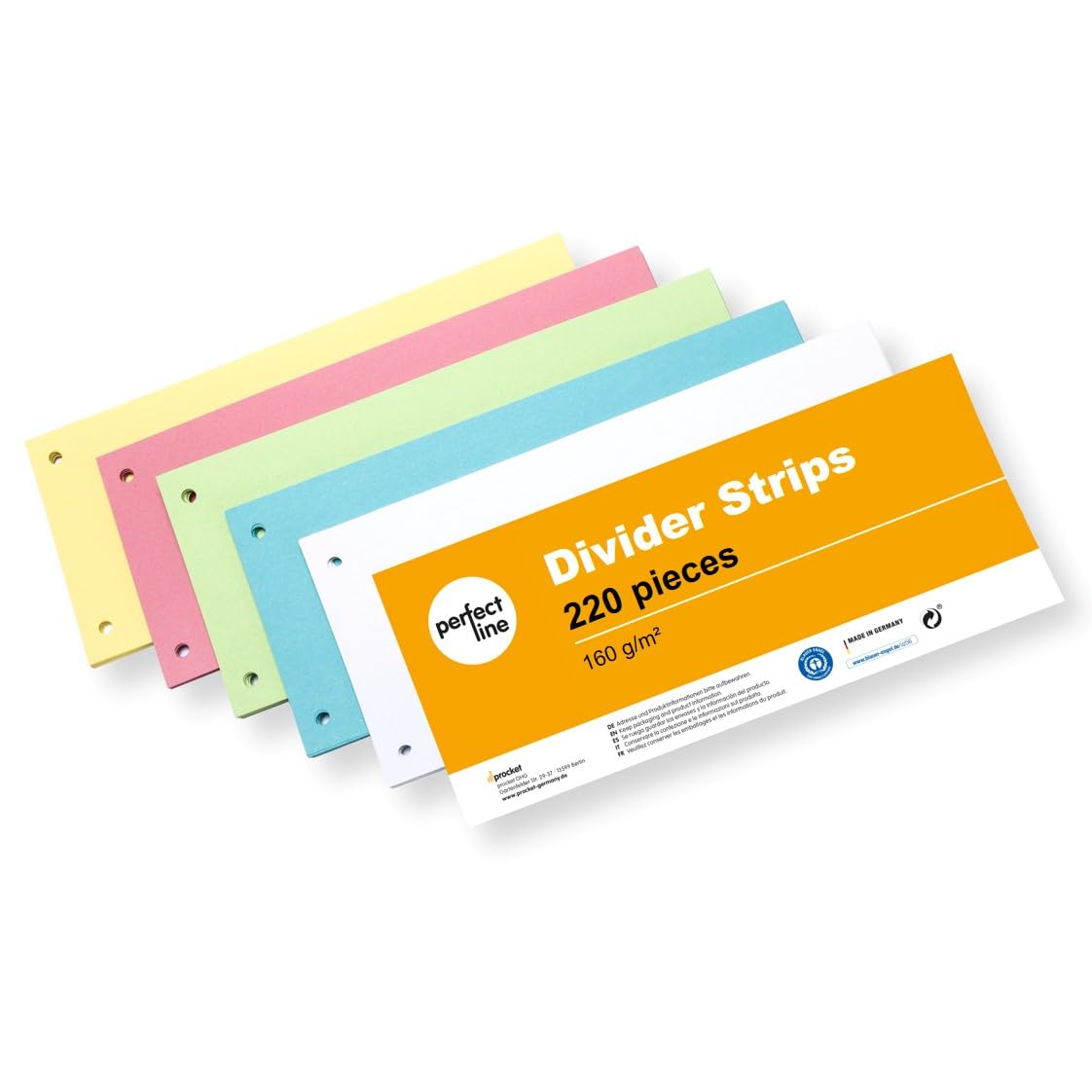 perfect line 220 Divider Strips for A4 folders, dividers for Ring Binders Made of Recycled Cardboard, Made in Germany, 5 Colours, PerforatedBlue Angel