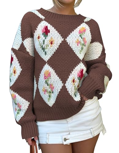 Image of ZAFUL Floral Sweaters for Women Trendy Crew Neck Long Sleeves Knitted Pullover Boho Sweater Chunky Knit Tops