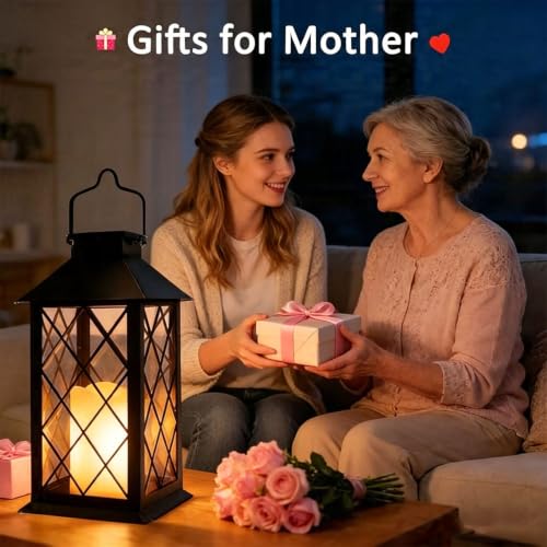 Image of 4 Pack 14 inch Large Tempered Glass Solar Lanterns Outdoor Waterproof | Black retro solar lantern with flickering flameless candles, ideal decoration for wall, porch, patio, table and garden.