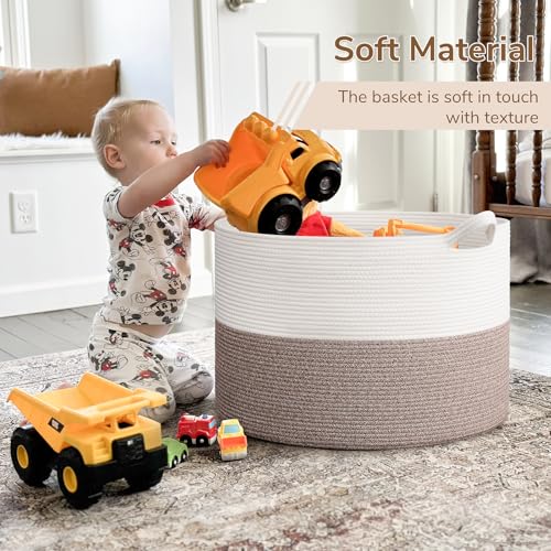 Image of INDRESSME 115L Extra Large Blanket Basket, Soft Cotton Rope Storage Basket for Organizing, Home Decor, Toys, Laundry & Towels, Toy Storage Organizer for Living Room & Nursery, White & Brown