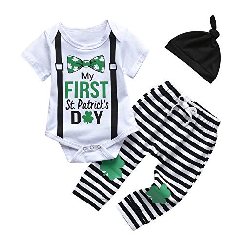 Newborn Baby Fashion Clothes Set,Baby Boys St.Patrick's Day Letter Bow Romper+Stripe Pants+Hat Set Black