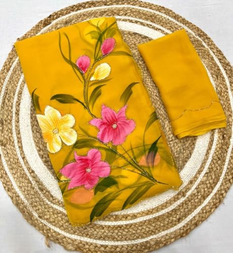 Image of Arkia Women's Floral Hand Embroidered Hand Painted Saree with Blouse Piece