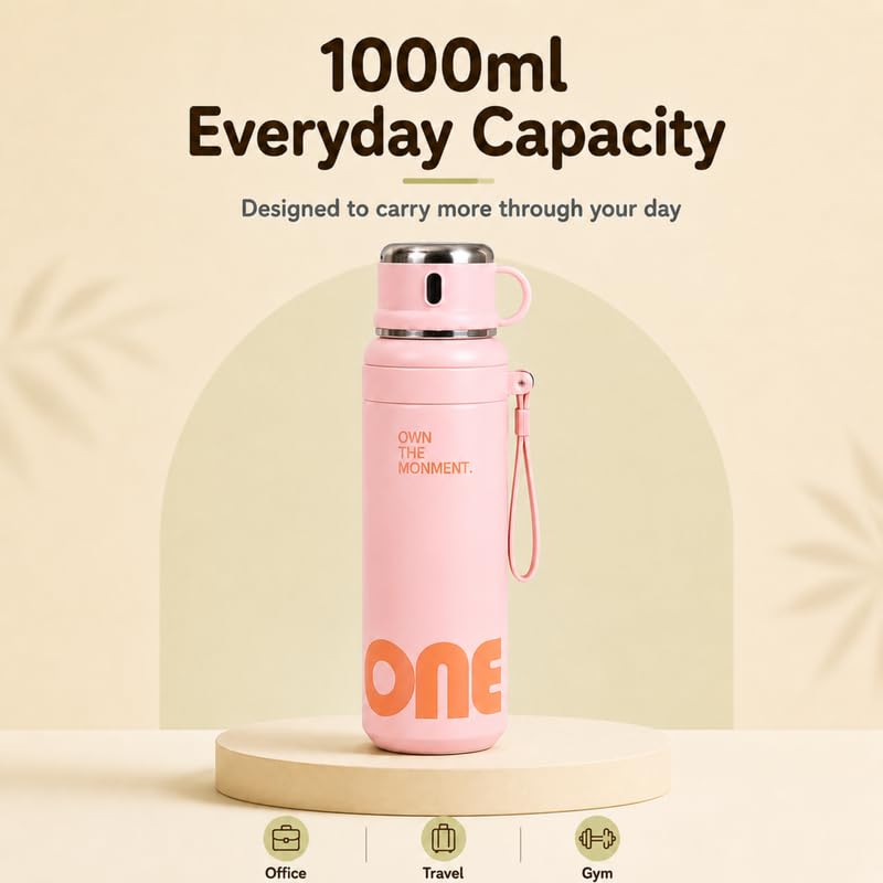 Image of Homero Premium Steel Bottle 1 Litre 1 L, Stylish Water Bottle with Cup & Straw, Leak Proof Elegant Design for Women, Office, Gym, School, College & Travel Use - Soft Pink