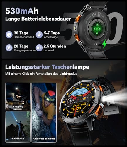 GPS Smartwatch Herren mit LED Taschenlampe,1.43‘’Amoled Display,Fitnessuhr mit 530 mAh Große Batterie,10ATM Wasserdicht,120+ Sport Modi,Herzfrequenz/Schrittzähler/Höhenmesser/Kompass für iOS Android – Bild 4