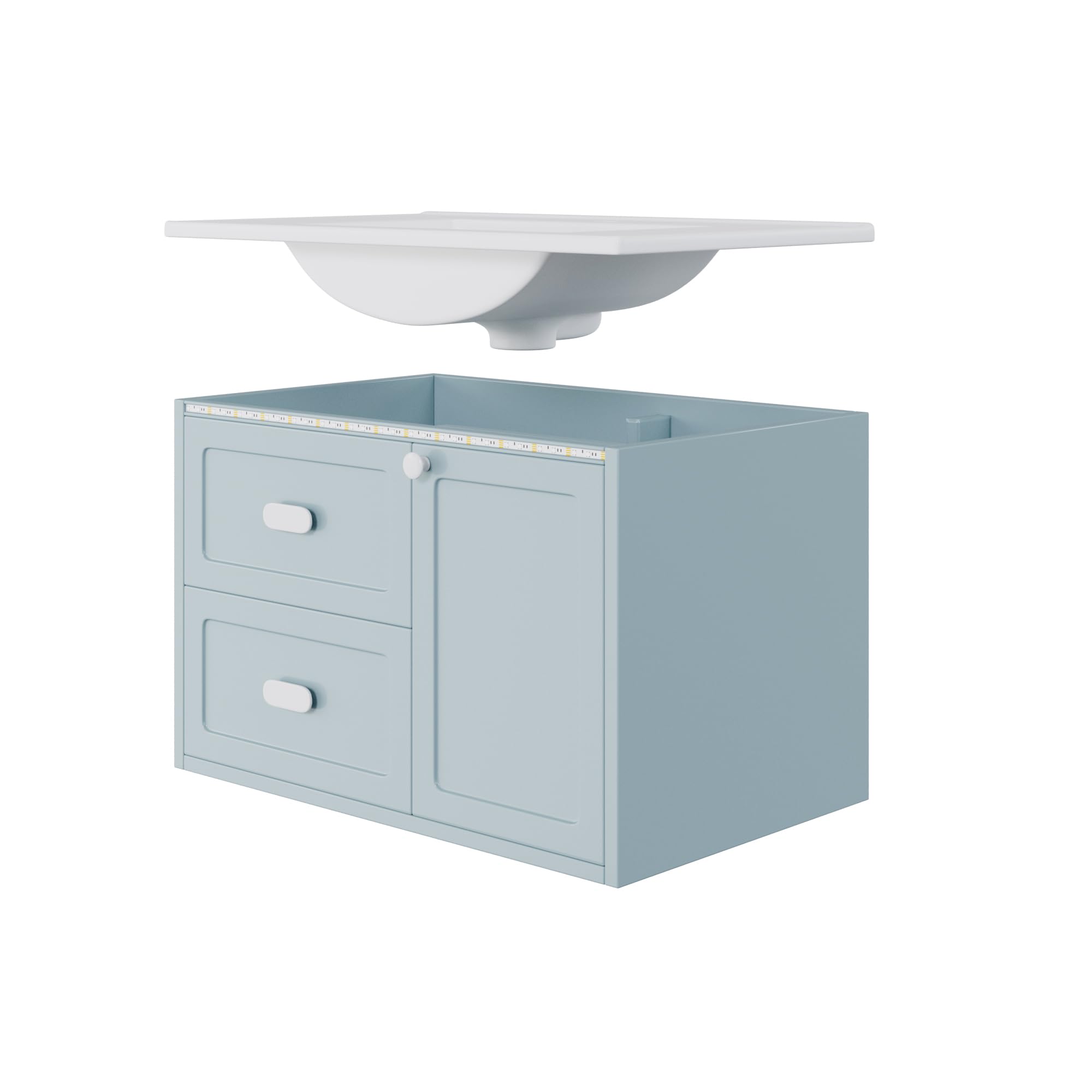 SACOOL 76 x 46 x 51 cm, armadietto sospeso da bagno, completamente laccato, illuminazione a LED con sensore radar, due cassetti, guide scorrevoli silenziose, lavabo integrato, blu