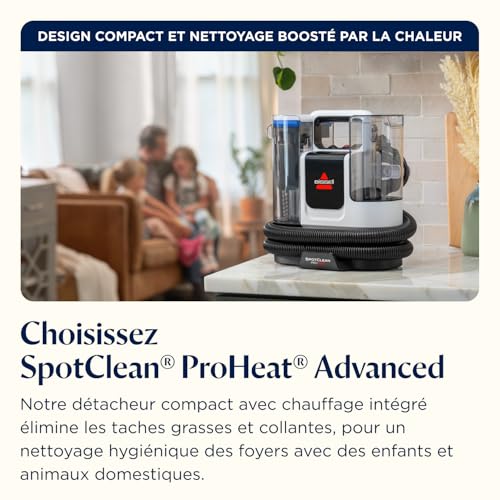 BISSELL SpotClean ProHeat Advanced, Shampouineuse, Shampouineuse Canapé Compact Multi-surfaces, Nettoyeur Canapé Tissu Moteur 1125W, Triple Nettoyage taches tenaces, Filaire, 3924N