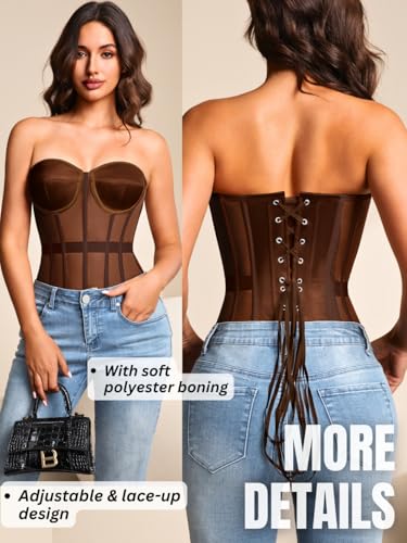 Image of Kaei&Shi Sheer Mesh Overbust Corset,Sexy Strapless Lace Up Satin Bra Corsets Top For Women Shapewear