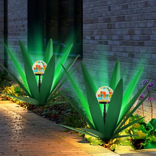 Image of TOMBABY Solar Rustic Garden Style Metal Agave Plants Outdoor Patio, Home Decor Hand-Painted Metal Agave Garden Patio Statues, Suitable for Desert Areas, Outdoor Lawn Decorations (1 Solar Green)
