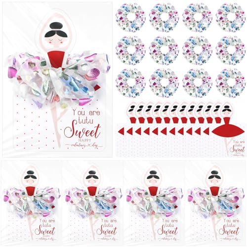 Lyrow Dance Valentines Gifts Valentines Ballerina Cards with Hair Scrunchies Ballet Accessories Headband for Exchange Gift Party Favor(Red,12 Pcs)
