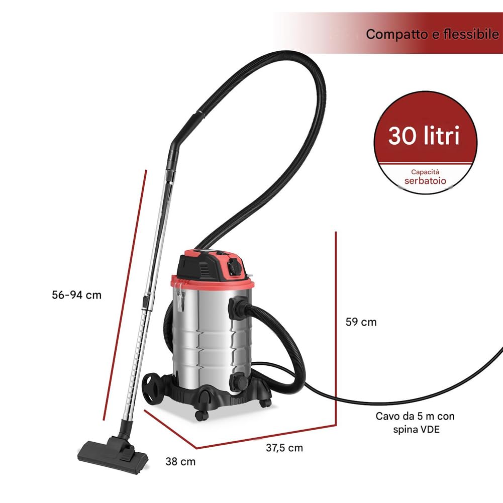 BAKAJI Aspirapolvere Professionale per Liquidi e Solidi Potenza 1200 W, Aspiratutto Aspiraliquidi con Filtro Interno, Filtro HEPA, Tubo Aspirante Flessibile e Bidone in Acciaio Inox da 30 Litri