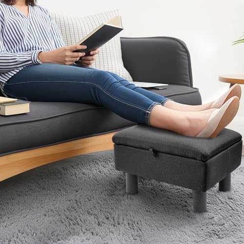 Gemsaya Leinen Pouffe-Fußhocker mit Stauraum, Leinenstoff-Pouf mit Holzbeinen, Aufbewahrungsbox Sitzwürfel mit Deckel für Wohnzimmer Schlafzimmer Flur (Schwarz)
