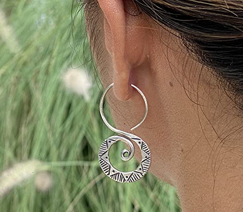 Sterling Silver Boho Hippie Spiral Earrings, Handmade Tribal Ethnic with Geometric Pattern 1 1/2 inches long Swirl Earrings, Gift for her4