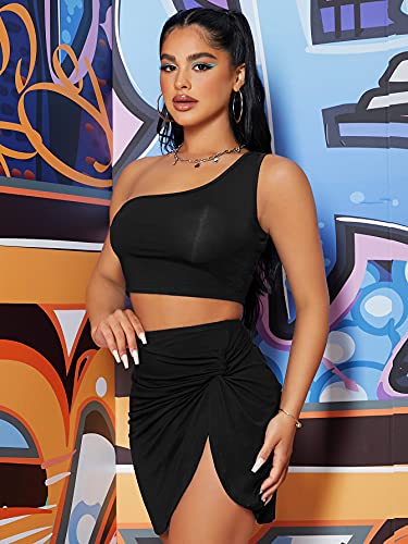 Verdusa Women's 2 Piece Outfit One Shoulder Crop Top And Twist Bodycon Skirt Set Black M #TOP2